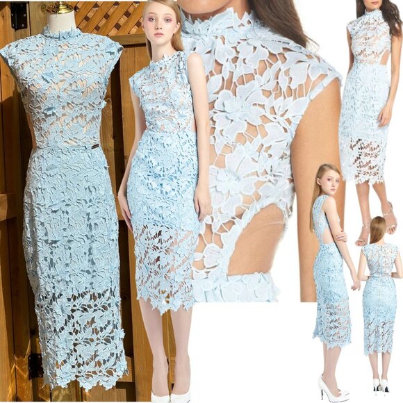 🆕 BRONX & BANCO 🧿 NWOT Lidia Lace Midi Dress - Pastel Blue - Size UK 10 / US 6 - Picture 1 of 16